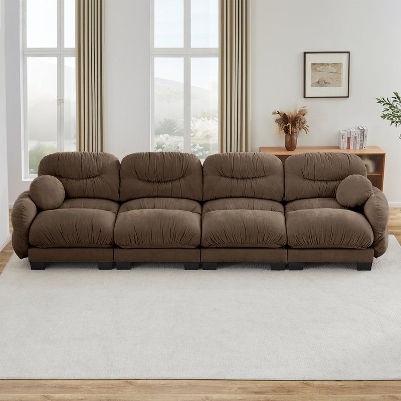 Canapé modulaire confortable en chenille plissé 4 places, Brun, H 36,2 po x l 150,3 po x P 34,2 po