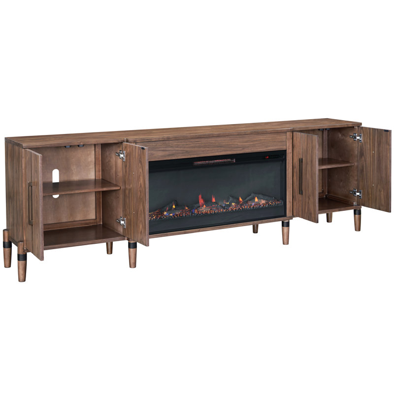 Meuble télé 94 po avec foyer pour téléviseur de 100 po maximum, finition noyer, placages et peuplier massif, quatre tiroirs, 42 insertions, 7 options de couleur de flamme, quincaillerie à télécommande bronze antique, foyer