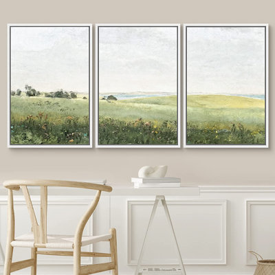 SIGNLEADER Framed Canvas Print Wall Art Set Green Pasture Countryside Flower Field Nature Abstract Illustrations Modern Art Decorative Nordic Rustic For Living Room, Bedroom, Office