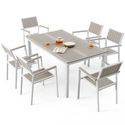 Patio Dining Set For 6 Faux Wood Outdoor Furniture With Umbrella Hole Patio Table Set With 6 Stackable Chairs For Outside Garden Yard Deck, Light Brown