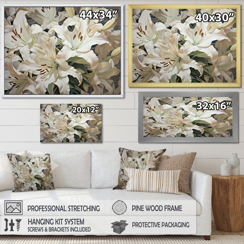 «White Lilies In Bloom Beauty III», reproduction sur toile, Cadre flottant doré, H 16 po x l 32 po x P 1 po