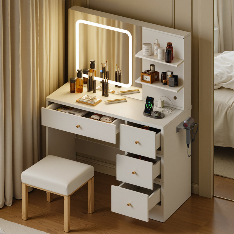 Bureau de coiffeuse SOGO avec miroir et lumières DEL, coiffeuse blanche avec station de charge, 3 tablettes de rangement ouvertes et 4 tiroirs, coiffeuse avec 3 modes de couleur et luminosité réglable pour la chambre à coucher