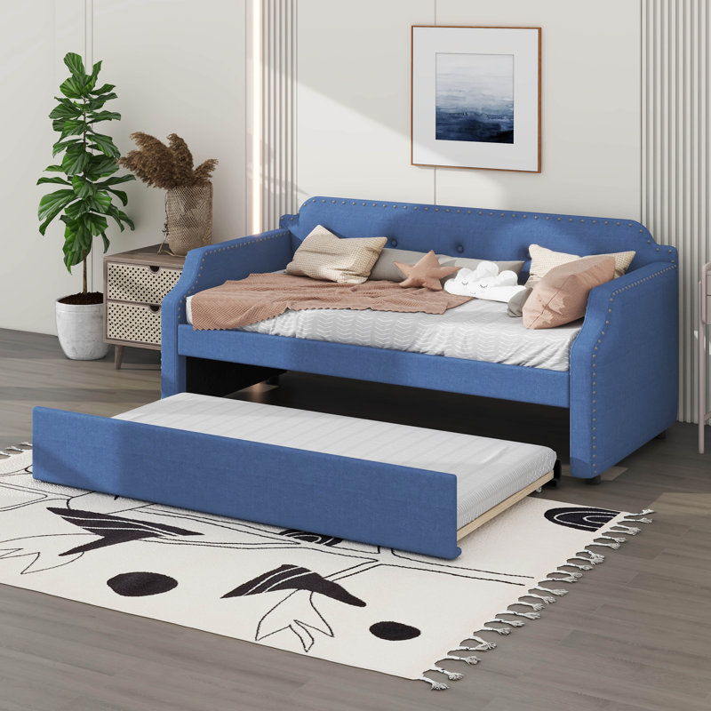 Upholstered Daybed With Trundle, Twin Size, Blue