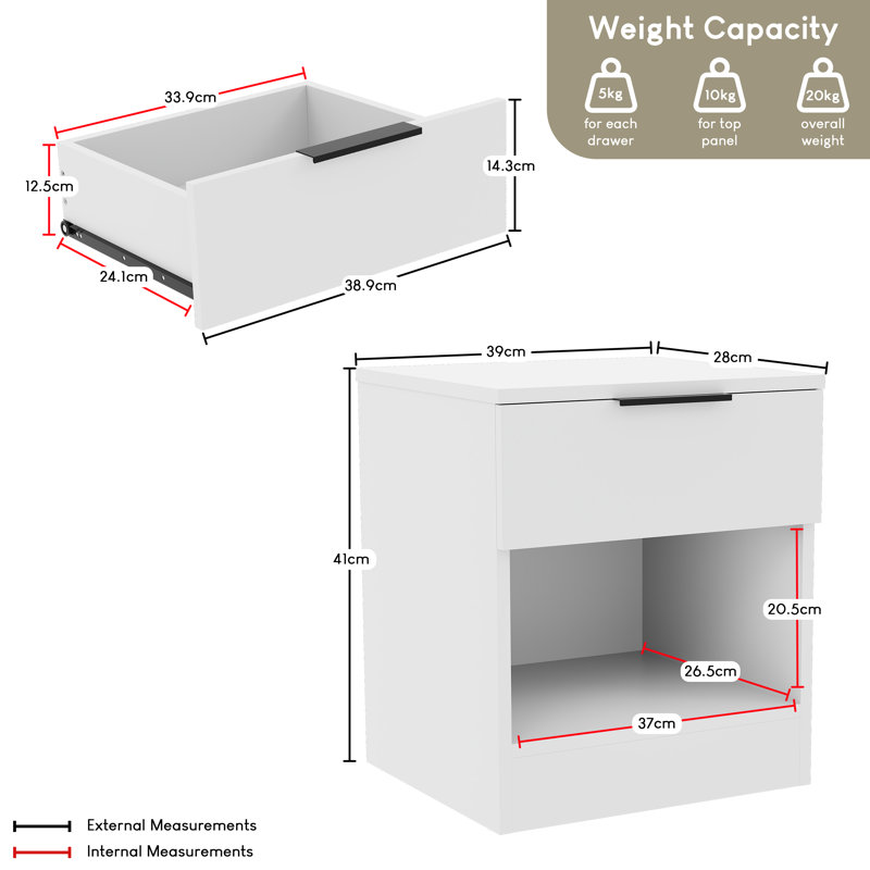 Tanishi 1 Drawer Bedside Chest With Open Storage Shelf Modern Bedroom Nightstand, White