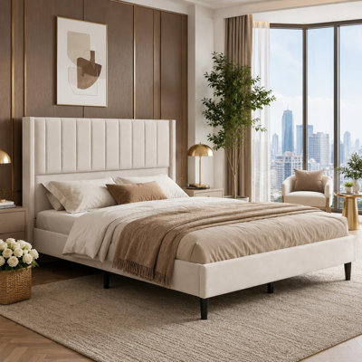 Structure de lit double en velours avec tête de lit à oreilles de 52 po de hauteur, espace de rangement beige sous le lit, tête de lit haute, style Morden, assemblage simple, dossier rembourré confortable