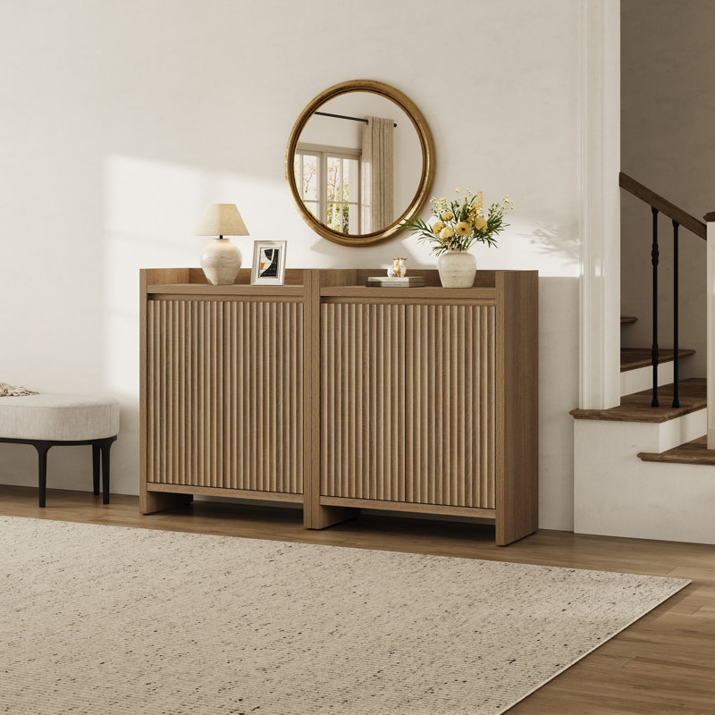 Modern Fluted Panel Shoe Storage Cabinet With 2 Doors Handle-Free And Adjustable Shelves, Caramel Oak, 1