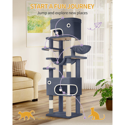 Cat Tree for Indoor Cats, Multi-layer Scratching Post with Large Platform, 2 Caves, 7 Sisal Posts, Pompoms, Cat Basket, Hammock, Suitable for Cats