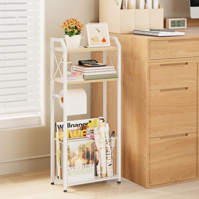 Porte-papier hygiénique sur 4 niveaux avec tablette en bois et grand panier de rangement