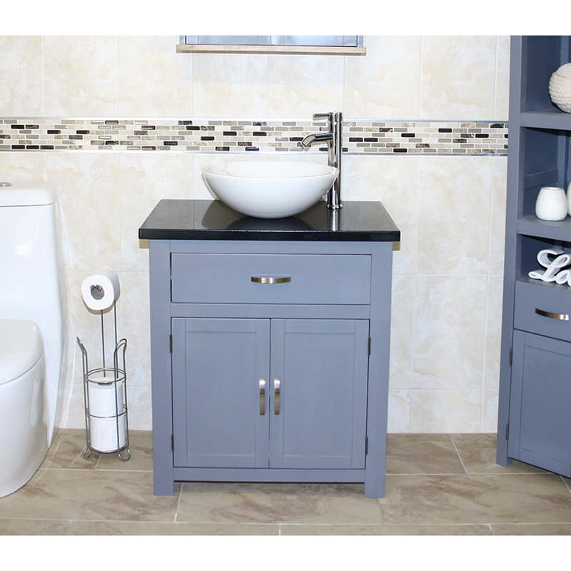 Roden 751mm Single Bathroom Vanity with Vessel Stone Basin, Grey, White, Black Quartz