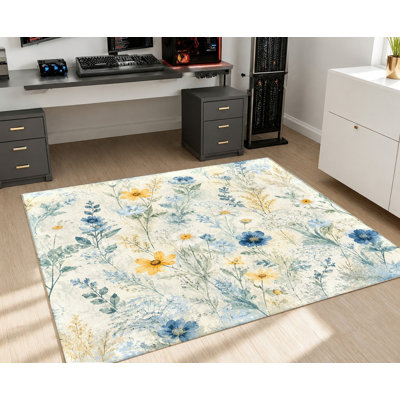 Tapis floral aquarelle, imprimé botanique marguerite bleu-jaune, surface en velours, tapis antidérapant doux, décoration intérieure élégante pour le salon, la chambre à coucher, le vestibule, la cuisine, le balcon, appartement