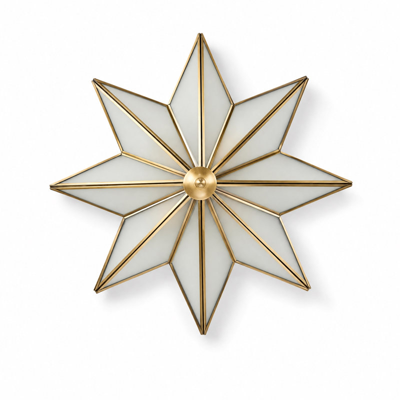 Art Deco Star Flush-Mount Ceiling Light, Brass Frame with Frosted Glass