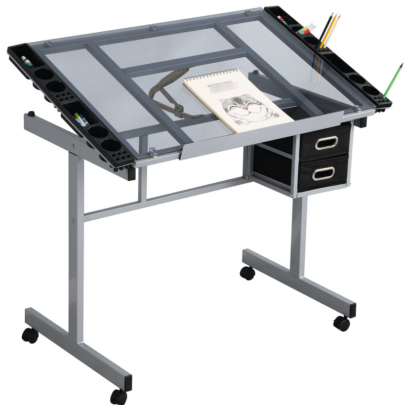 Table à dessin réglable pour l'artisanat, rebord à crayons coulissant de 24 po, 2 tiroirs en tissu, 4 roulettes avec freins, plateau de 70 degrés, surface en verre, structure en acier thermolaqué, gris argenté, largeur de 23,24 po,