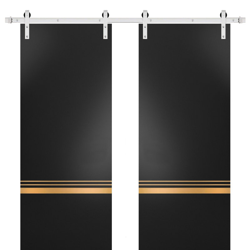 Porte de grange en bois lambrissé sans trousse de quincaillerie d'installation, Noir mat / Chrome, 56 po x 96 po