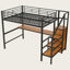 Lit mezzanine double en métal avec éclairage DEL de luxe et escalier de rangement-909205832