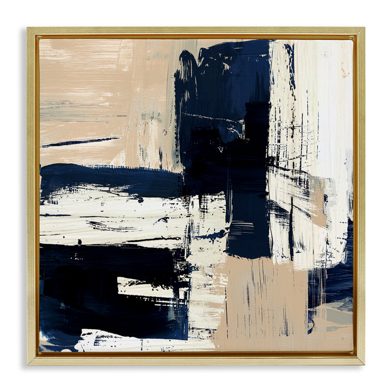 «Expressive Blue Tan Shapes» par Susan Jill, Cadre flottant métallique doré, H 25 po x l 25 po