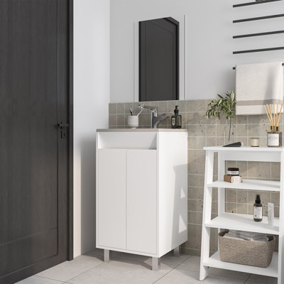 Armoire de salle de bain blanche à 2 portes avec lavabo intégré sans soudure, pieds en métal inflexibles, hauteur de 34,1 pouces, largeur de 17,8 po et profondeur, panneau de particules avec système de tiroir extensible