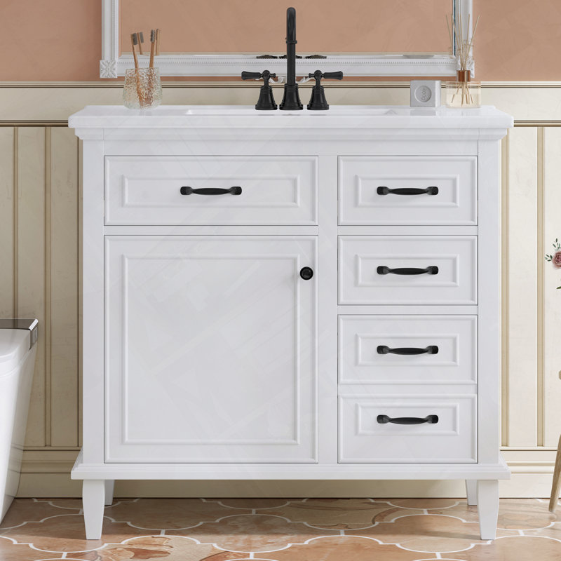 Meuble-lavabo autoportant avec tiroirs en céramique et tablette réglable, Blanc