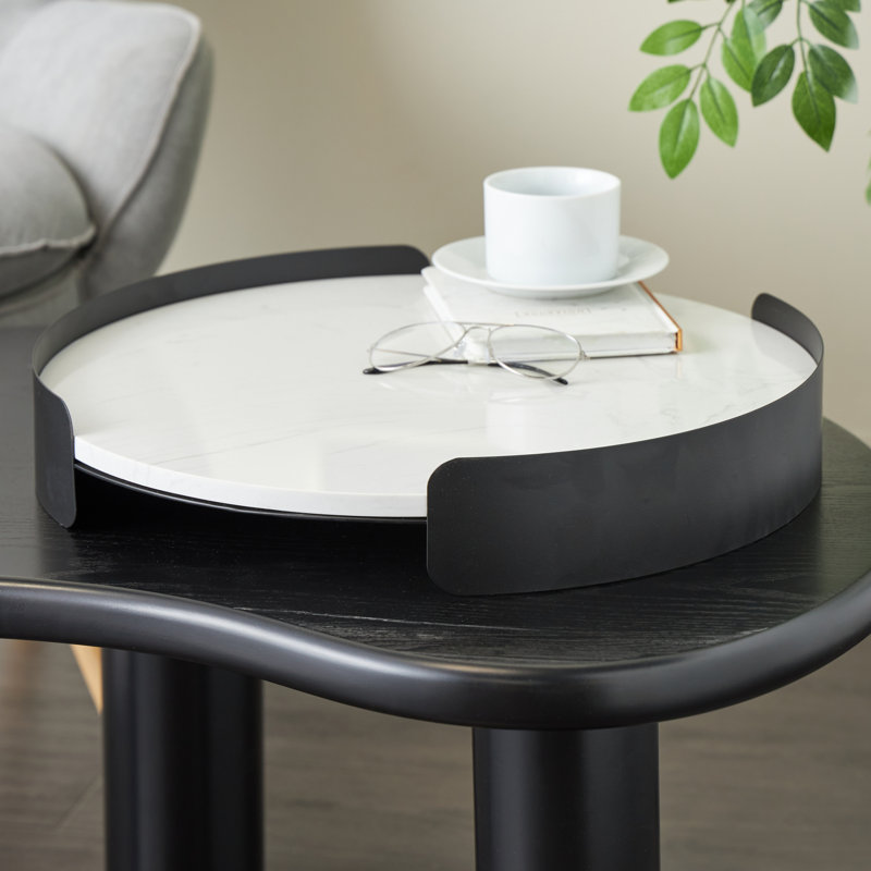 Plateau rond en marbre Cole et gris avec cadre en métal noir, H 2,85 po x l 15,65 po x P 15,6 po