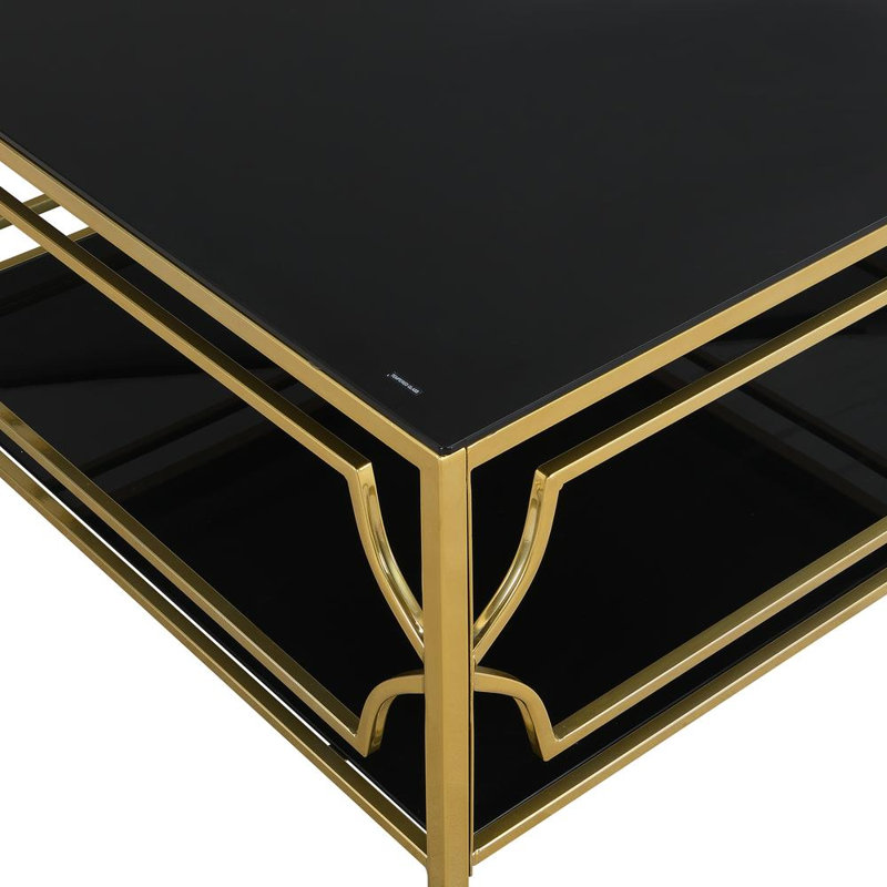 Square Glass Coffee Table With Metal Frame, Tempered Glass Top And Lower Shelf, Black
