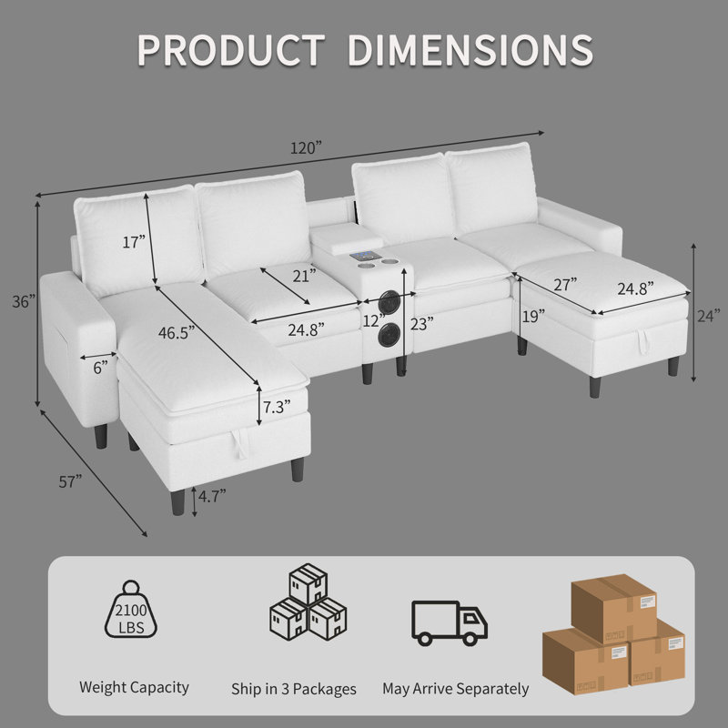 120" U-Shaped 5-Seat Modular Sectional Couch with Storage Ottomans, Bluetooth Speaker, RGB Lights & Charging Station
