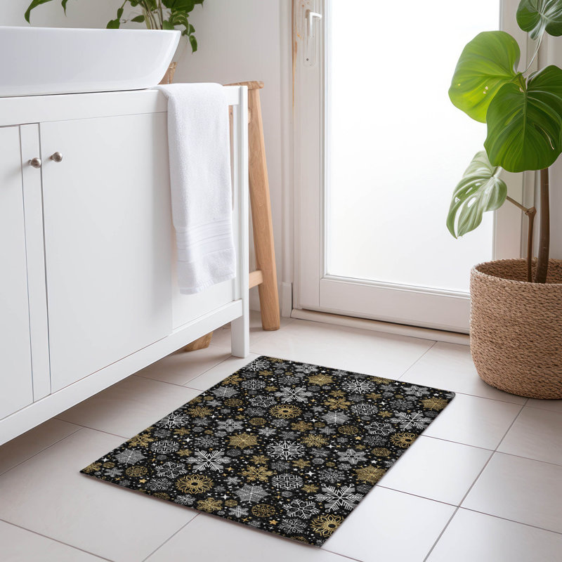 Machine Washable Indoor/Outdoor Christmas Snowflake Xhevrie Black Rug, Rectangle 1'8" x 2'6"