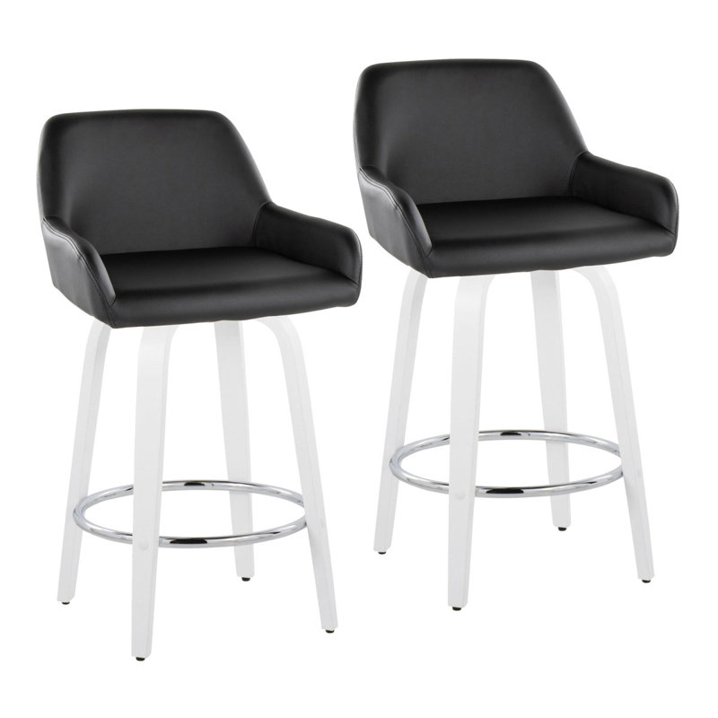 Tabouret de bar à hauteur fixe avec pivot en bois blanc et similicuir noir avec repose-pieds rond chromé - ensemble de 2