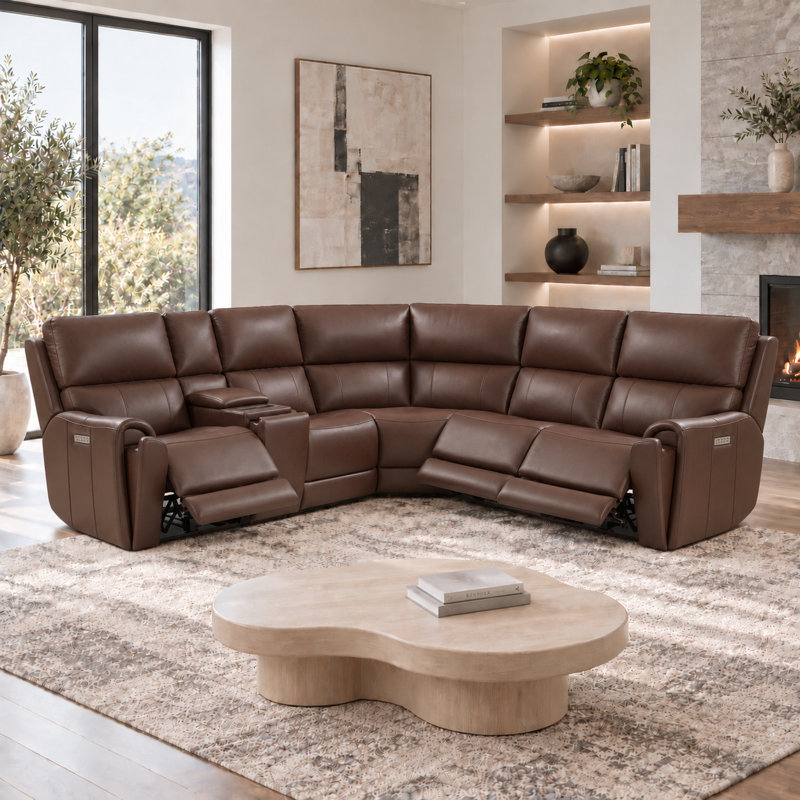 Upholstered 119 " Leather and Top Grain Leather Power Reclining L-Shaped Sectional, Light Brown