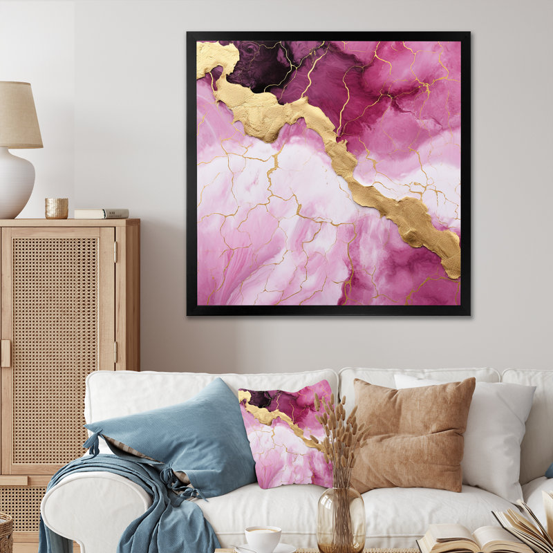 Essence de marbre rose et or IV - décoration murale en marbre, Cadre simple noir, H 30 po x l 30 po x P 1,5 po