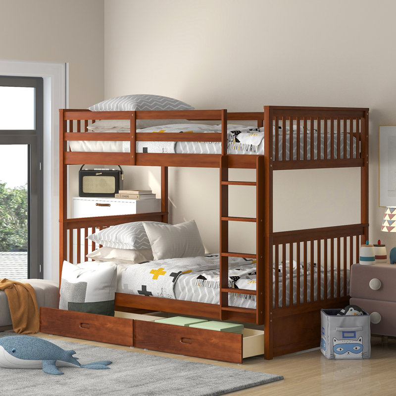 Lit superposé Twintwin en noyer avec rangement et - fonctionnel centre de chambre à coucher en bois massif de qualité