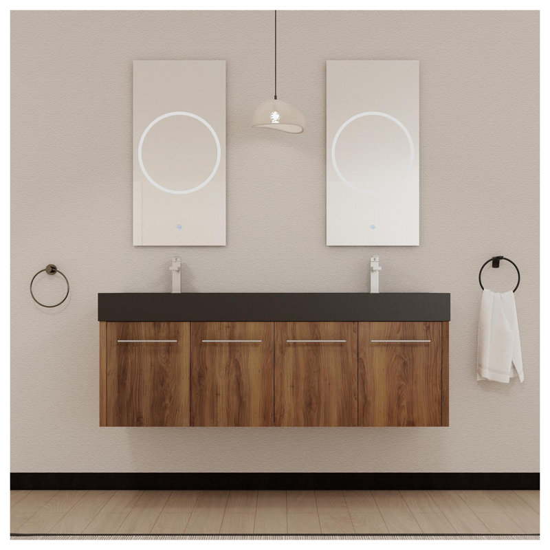 Meuble-lavabo mural 60 po avec lavabo intégré au fini ébène brun