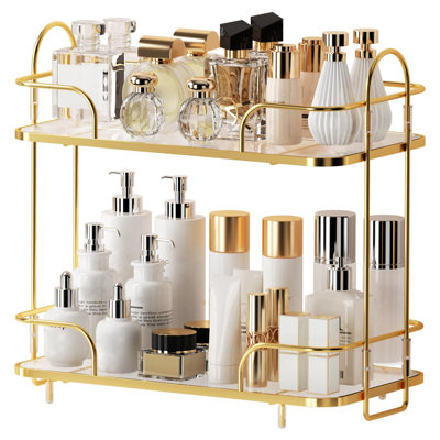 2 Tier Corner Bathroom Counter Organizer, Cosmetic Skincare Organizer, Bathroom Countertop Perfume Tray Vanity Organizer, Kitchen Spice Corner Storage Shelf | Bathroom Countertop, Perfume Tray, Vanity Organizer, Kitchen Spice