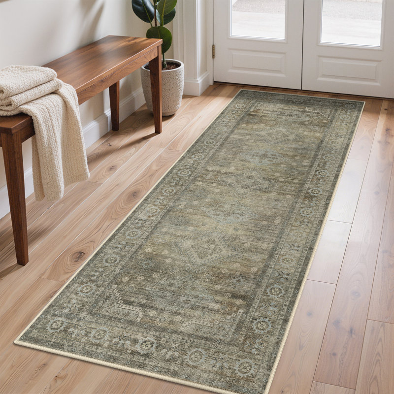 Oriental Machine Washable Sage/Gray Area Rug with Non-Slip Backing, Runner 2' x 5', Sage