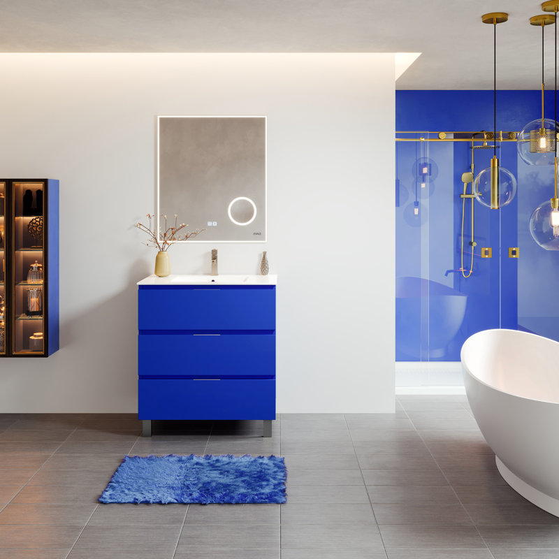 Meuble-lavabo bleu l 32 po x P 18 po avec comptoir en porcelaine blanche et lavabo intégré Linelle