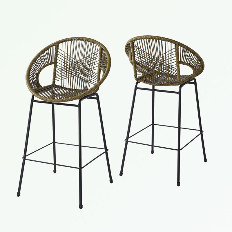 Outdoor Patio Faux Wicker Barstool Set of 2  with metal legs, Green