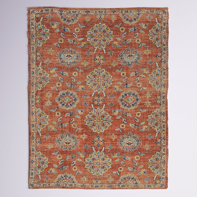 Tapis floral noué à la main Fason, Épice, Rectangle 7 pi 6 po x 9 pi 6 po