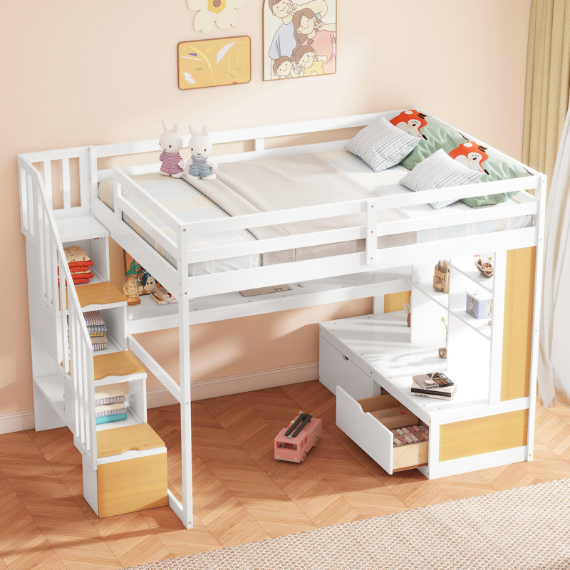 Lit mezzanine double avec bureau, tablettes, tiroirs - blanc et naturel
