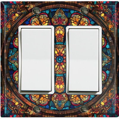 Plaque d'interrupteur en métal ; interrupteur à bascule double GFI, format standard américain – motif mandala en vitrail imprimé