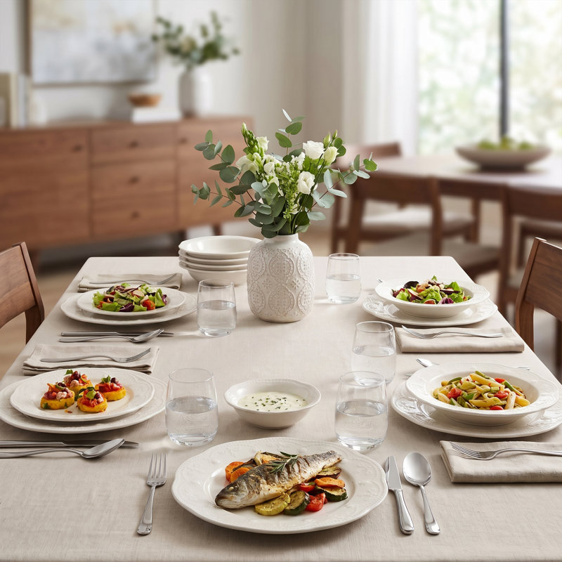 Service de table en porcelaine crème à perles embossées (service de 24 pièces pour 8 personnes)