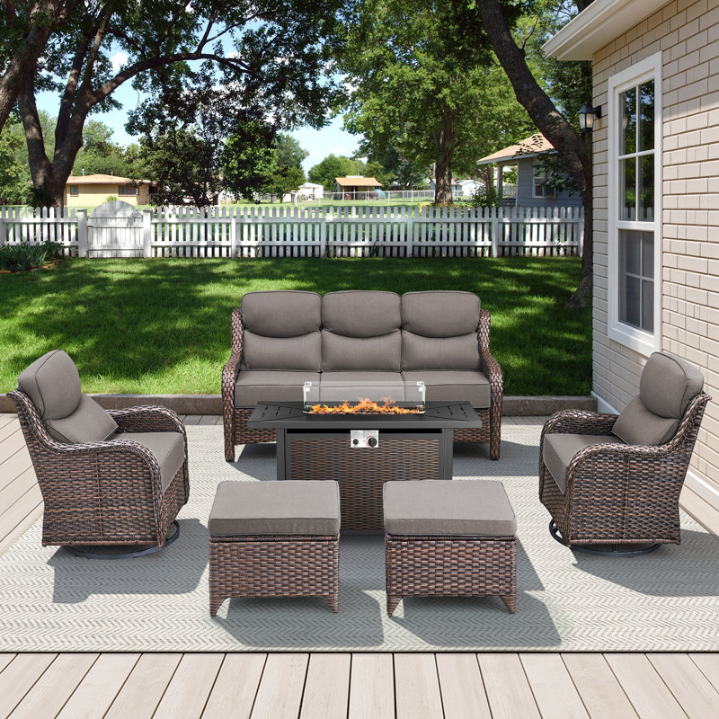 Ensemble de conversation pour canapé en osier 6 pièces avec chaises berçantes et foyer d'extérieur, Brun, Gris