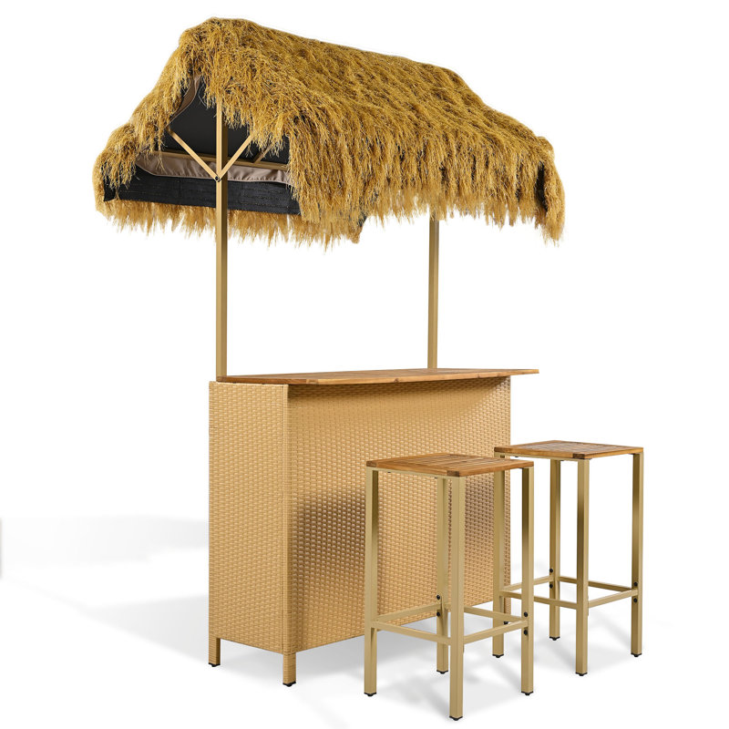Ensemble de barre de patio de style hawaïen avec auvent en gazon synthétique et bois d'acacia