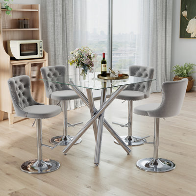 Modern 3/5-Piece Bar Table Set with Tempered Glass Top and Sturdy Metal Base, Velvet Swivel Bar Stools with Adjustable Height, for the Kitchen, Dining Room, and Entertainment Areas
