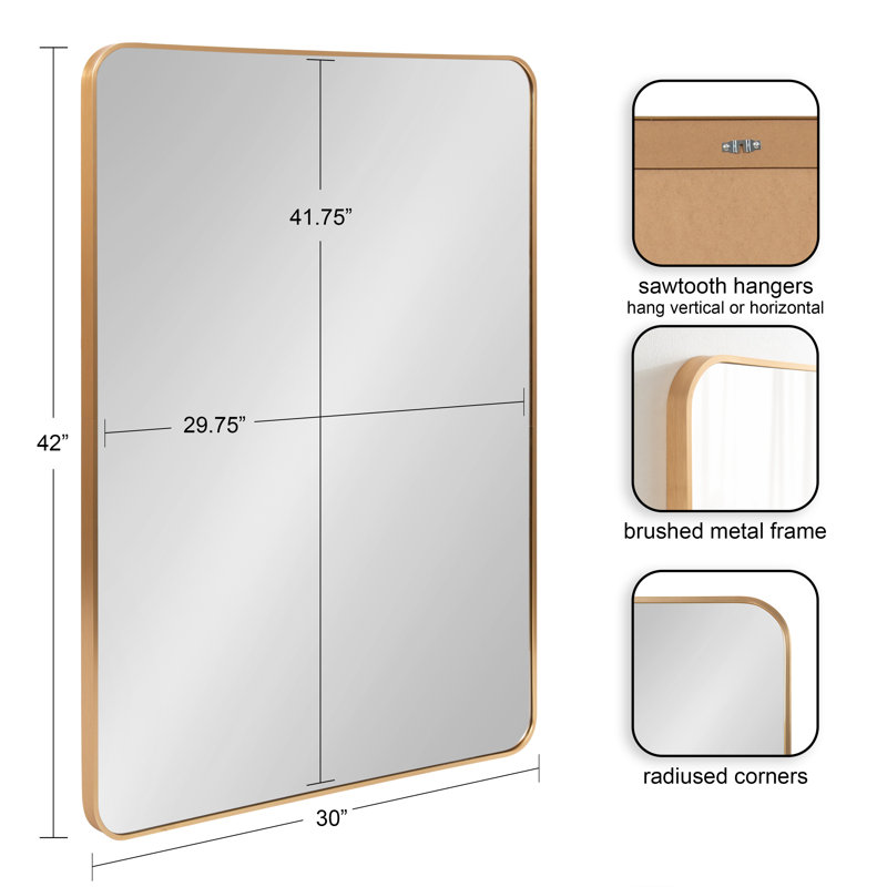 Anacleta Radius Rectangle Framed Wall Mirror, Gold, 41.96" x 30"