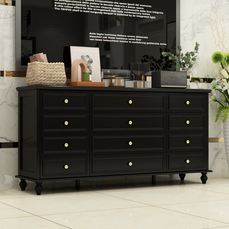 Eltion 63” Wide Standard 12 Drawer TV Stand With Metal Slides & 6 Legs, Black