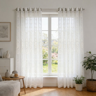 MEISIMENGSHA, paquet de 2 rideaux transparents, motif floral européen brodé, voilages semi-transparents à œillets pour salon, chambre à coucher, habillage de fenêtre d'intimité filtrant la lumière