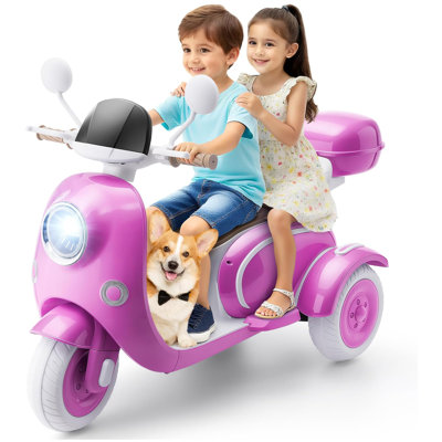 Moto électrique Alex 12 V 2 places pour enfants, cyclomoteur à 3 roues avec vitesse adaptée aux débutants (max. 5 km/h), musique, port USB, éclairage DEL, coffre de rangement, cadeau moto électrique