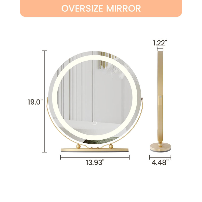 19 Inch Vanity Mirror With Lights, Round Large LED Vanity Mirror With Smart Touch 3 Colours Dimmable, Touch Lighting, Gold