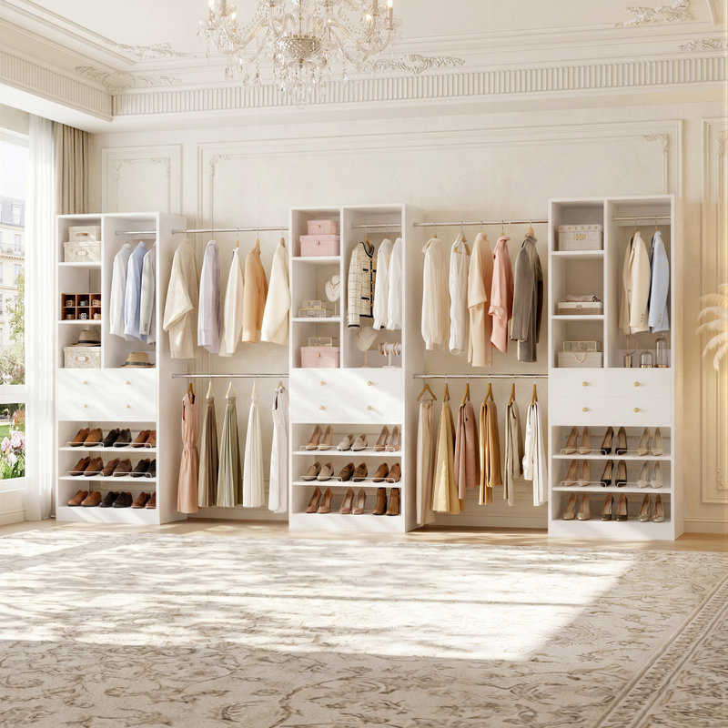 Closet System With Hanging Rods, Shoe Storage And Wood Drawers, White