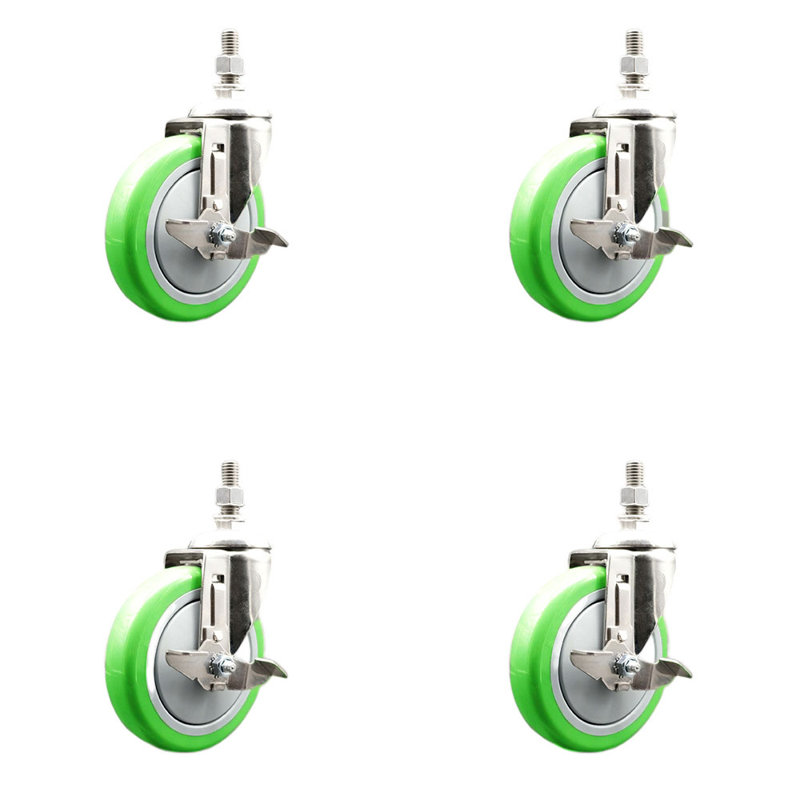 Ensemble de roulettes à tige filetée en polyuréthane pivotant vert 10mm 5 pouces 10mm