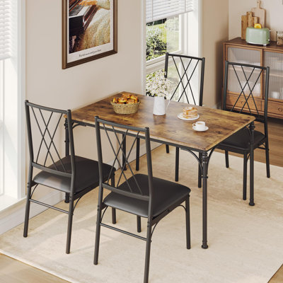 Ensemble de table de salle à manger moderne 5 pièces avec 4 chaises, ensemble de table de cuisine industrielle en métal et en bois pour petits espaces, coin repas compact pour les appartements