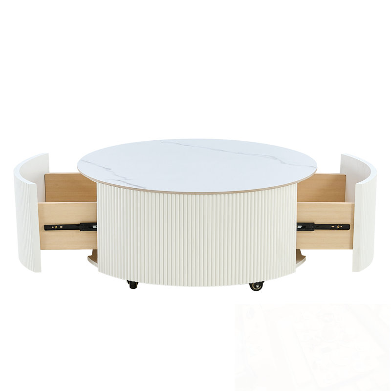 Table basse ronde mobile avec roulettes et 2 tiroirs, Blanc